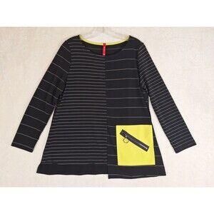 IC by Connie K Top Womens Small Black Striped Jersey Tunic Zipper Pocket Stretch